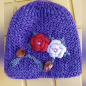 Unique Purple Knitted Toboggan with Floral Embellishments